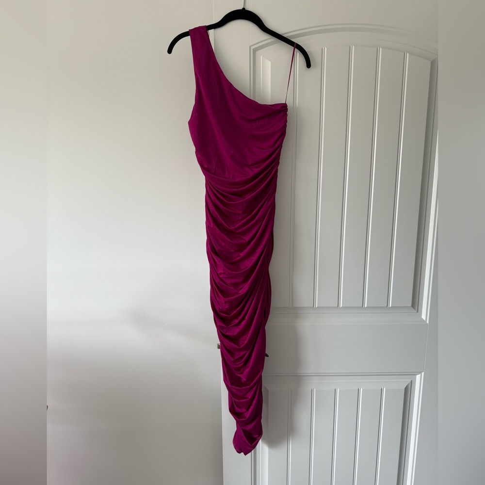 One-Shoulder Ruched Fuchsia Dress